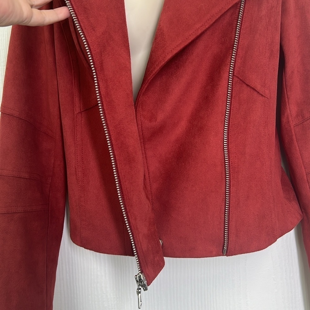 Express - Red Faux Vegan Suede Moto Long Sleeve Lined  Zipper Jacket Size XS - Picture 8 of 13